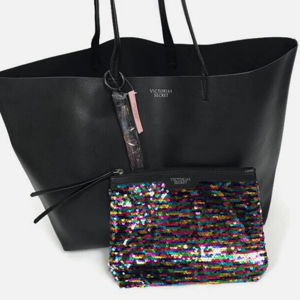 Victoria's Secret large Black Tote Bag with Sequin Pouch